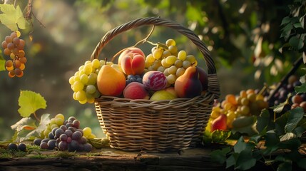 A wicker basket overflows with a colorful assortment of fresh fruits in the soft morning light