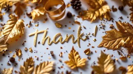 Gleaming Gratitude: Golden Leaves and Confetti Thank You Card. Generative AI
