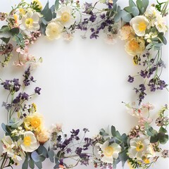 Delicate wreath with yellow flowers, herbs and eucalyptus leaves for wedding invitations, greeting cards and business cards.