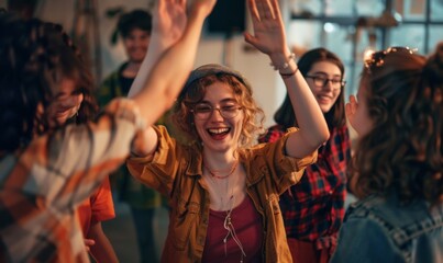 Obraz premium Young woman giving a high five to a group of friends at a social gathering, feeling happy and having fun together in an office or community center. Photo in the style of Canon R5.