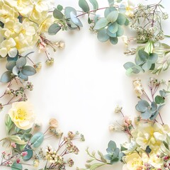Delicate wreath with yellow flowers, hydrangea, herbs and eucalyptus leaves for wedding invitations, greeting cards and business cards.