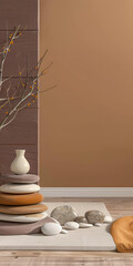 Minimalist zen interior design in warm tones with natural elements and window lighting. Relaxing interiors, meditation spaces.