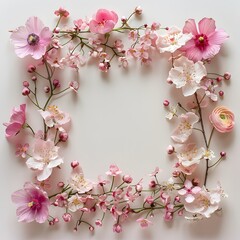 Obraz premium Delicate square wreath with pink flowering branches for wedding and birthday invitations, greeting cards and business cards.