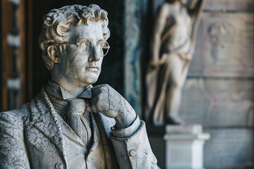 An image of a contemporary businessman turned to stone, resembling the statues of antiquity in Greece