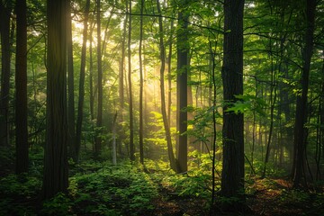 Obraz premium An enchanting forest illuminated by soft sunlight filtering through the trees