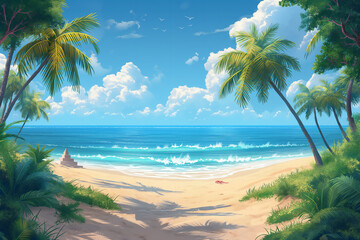 Obraz premium Illustration of sunny day on beach with palms, blue sea and no one. Summer vibes concept 