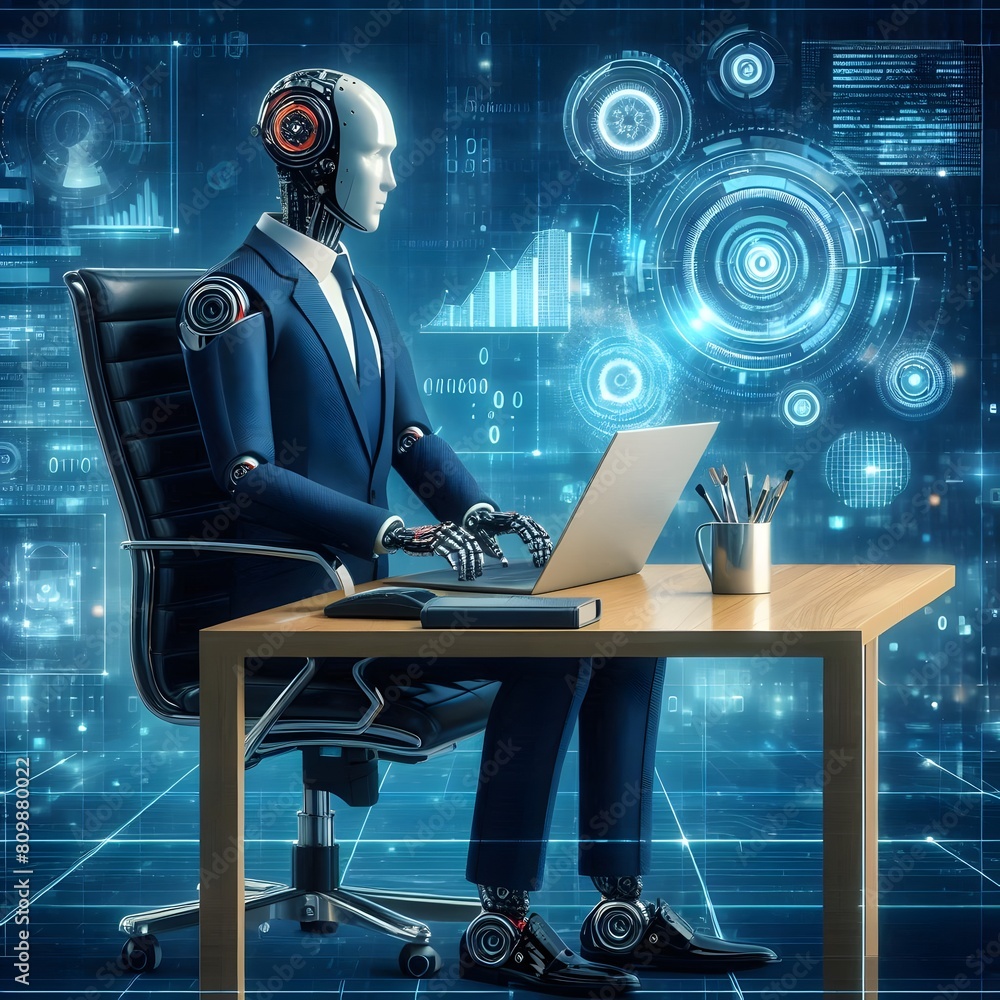 Poster 3d rendering humanoid robot working with a laptop on dark blue background generated by ai