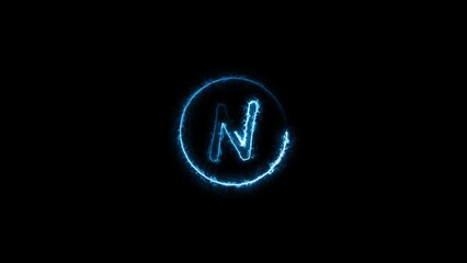 Abstract neon alphabet and neon circle icon illustration on black background.