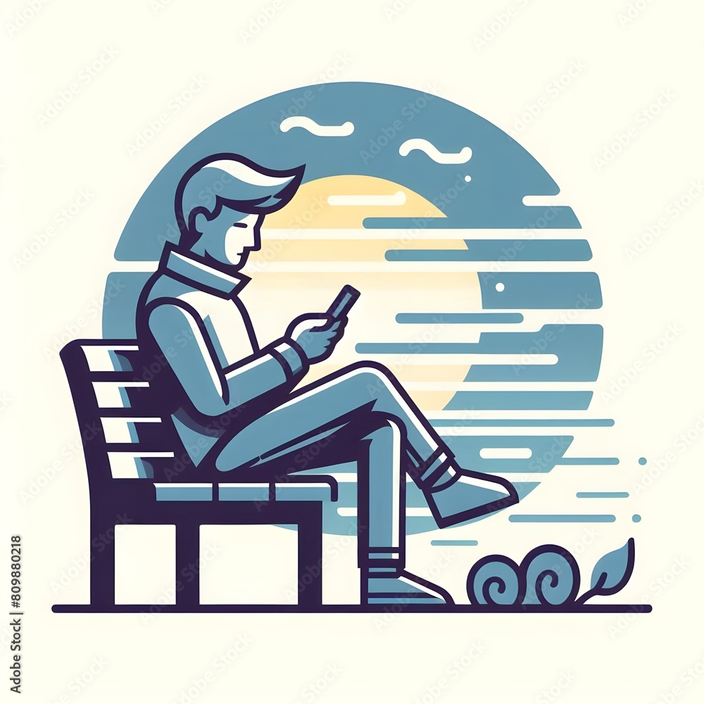 Poster man sitting on a bench and using a smartphone. vector illustration generated by ai