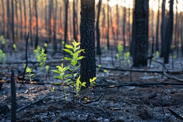 A regenerating forest after wildfire with young saplings