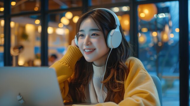 A young woman is sitting in a cafe, wearing headphones and smiling while looking at her laptop. She is wearing a yellow jacket and has long brown hair. - Powered by Adobe