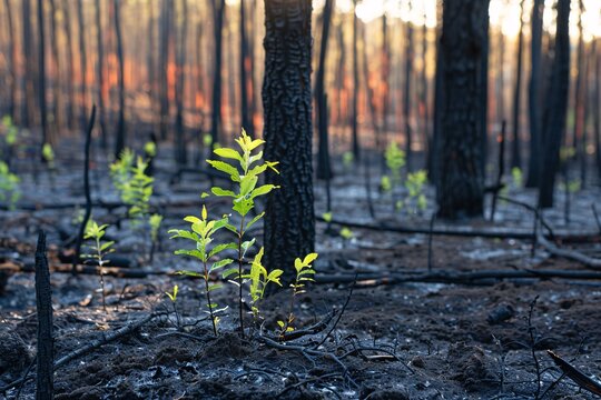 A regenerating forest after wildfire with young saplings