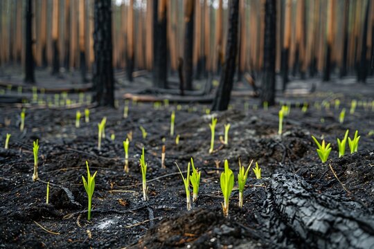 A regenerating forest after wildfire with new growth emerging from charred trees