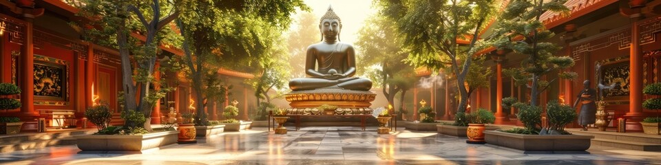 Majestic Buddha Statue Enshrined in Serene Temple Courtyard with Worshipers Offering Prayers and