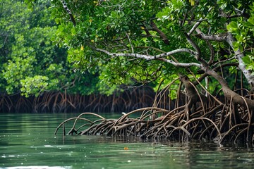 A mangrove forest along coastline with intricate root systems