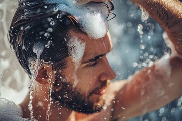 Fototapeta premium A man enjoying a revitalizing shower, shampooing his hair with vigor