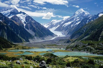 A glacier-carved valley with emerald glacial lakes nestled between snow-capped peaks