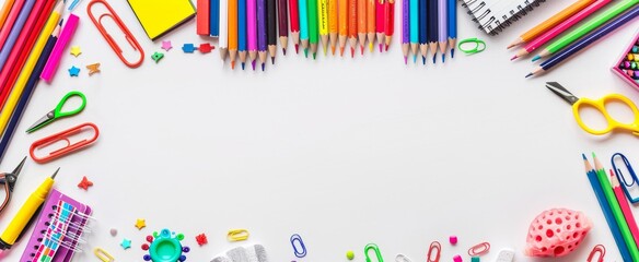 Colorful array of school supplies laid out on a white background, perfect for educational themes