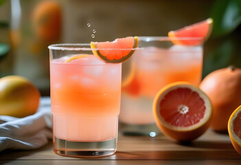 A pink grapefruit mezcal paloma cocktail with water droplets on a table in a home setting