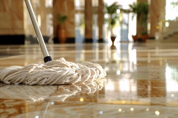 A detailed view of a mop in use, swiftly gliding across the marble floor of a corporate lobby, maintaining cleanliness