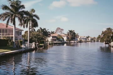 Obraz premium Scenic canal view with row of houses, palm trees, and blue sky in the background
