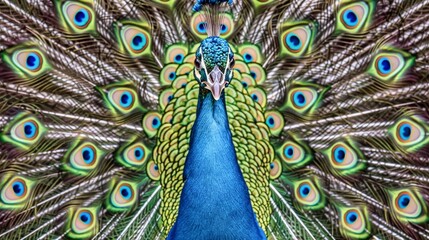 Obraz premium Majestic blue peacock displaying vibrant feathers, ideal for wildlife and beauty themes.