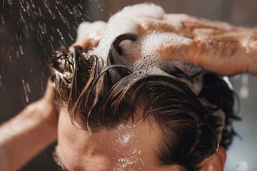 A close-up shot of a man massaging shampoo into his scalp