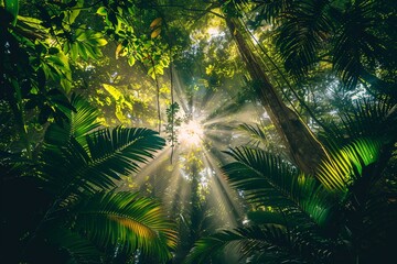 Obraz premium A captivating snapshot of a lush tropical rainforest canopy with sunlight streaming through the trees