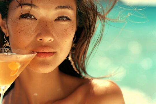 A close-up of an Asian woman with bronzed skin, slim yet curvaceous, sipping a cocktail in a bikini