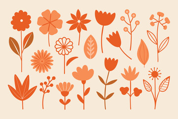 Large set of different flowers and plants in a simple linear doodle style. Vector isolated floral illustration