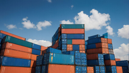 Blue Cargo Containers Stacked Against the Sky, Symbolizing Global Freight Shipping