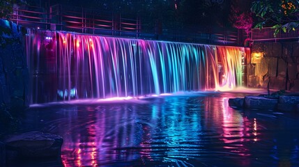 A bridge spanning a waterfall, both illuminated by neon lights, reflecting vibrant hues across the cascading water.