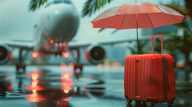 Umbrella covers luggage under rainy skies against background of airplane on runway. Travel insurance concept. Copy space.