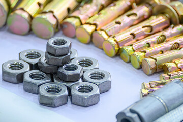 Close up scene the set of special nuts and zinc coating bolts for construction purpose.