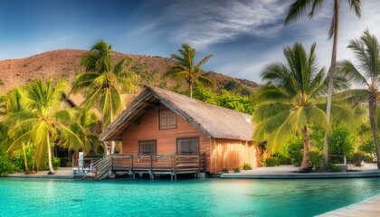 Fototapeta premium wooden luxury house garden in grass modern energy-positive house set against a backdrop of untamed wilderness, highlighting its eco-friendly features and integration with nature background