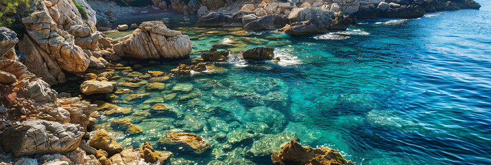 Rocky coast of the Mediterranean Sea. Shallow bay with clear water.
