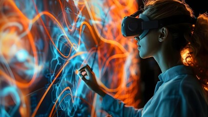 Researcher in virtual reality lab studying futuristic 3D digital screens in metaverse. Concept Virtual Reality, Research, 3D Screens, Metaverse, Futuristic Technology