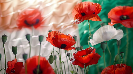 Obraz premium Red poppy flowers on background with Italy flag. Liberation day holiday. Festa della liberazione