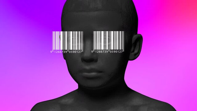 The head of a boy with his eyes covered by a barcode
