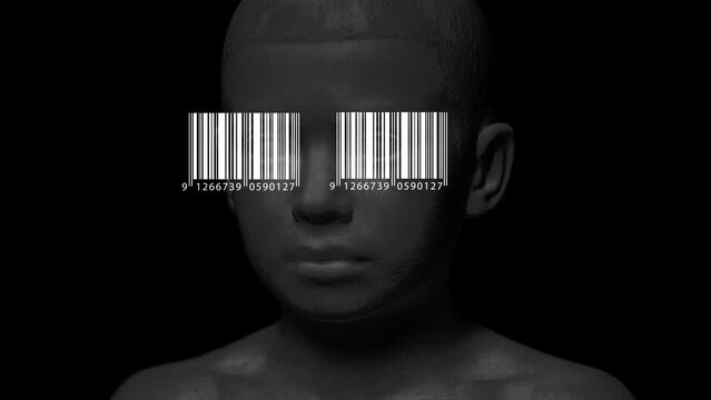 The head of a boy with his eyes covered by a barcode