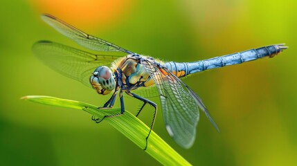 A beautiful close-up of a dragonfly perched on a green leaf.