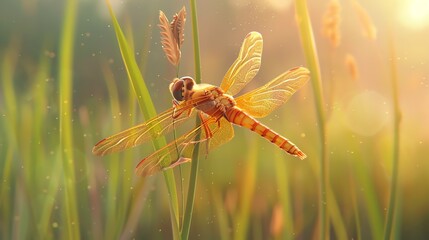 A beautiful dragonfly perches on a stalk of grass, its wings shimmering in the sunlight.