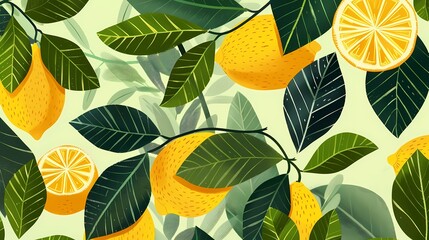 Digital lemon and leaves pattern illustration poster web page PPT background