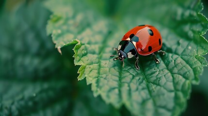 Fototapeta premium A red ladybug with black spots is perched on a green leaf. The ladybug is facing the viewer and its wings are closed.