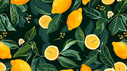 Digital lemon and leaves pattern illustration poster web page PPT background