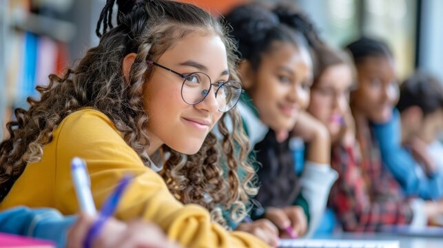 Several young girls sitting around a table, engrossed in using a laptop computer.