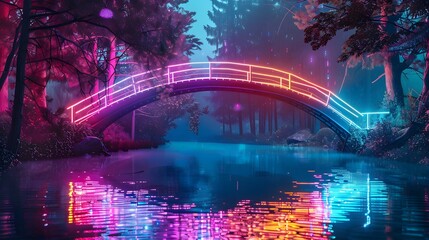 A curved bridge glowing with rainbow-colored neon lights, crossing a serene lake surrounded by...