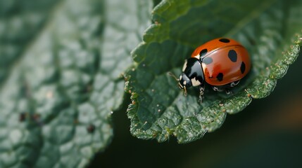 Fototapeta premium A red ladybug with black spots perches on a green leaf. The ladybug is in focus, while the leaf is slightly blurred.