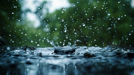 Water drop crown. Raindrops falling on the surface of the water. The moment of contact of water with water. The beauty of nature.