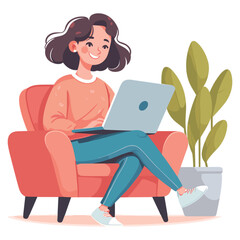 Happy woman sitting on armchair and working on laptop